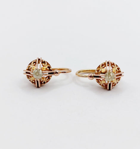 Boucles d'oreilles Dormeuses or rose, diamants jaunes taille ancienne (circa 1900) 58 Facettes A06239