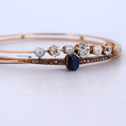 18 ayar sarı altından vintage bilezik, inciler, safir ve elmaslarla 