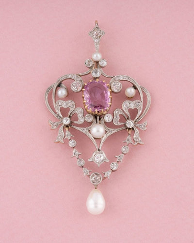 Pendentif Pendentif Belle Époque en or jaune 18k et platine, diamants, perles, saphir rose 58 Facettes