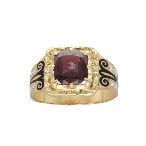 Bague 54 Bague chevaliere Napoleon III en or jaune 18K avec email et grenat - Taille 54 58 Facettes FB10425