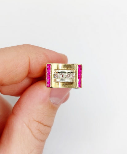 Bague 52 Bague tank Art déco en or rose 18k avec diamants et rubis synthétiques 58 Facettes A06536
