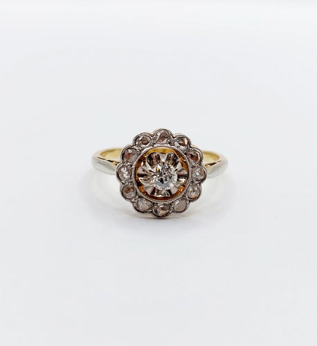 Noin vuoden 1910 Päivänkakkara sormus 18k kullasta, Platina ja timantit 