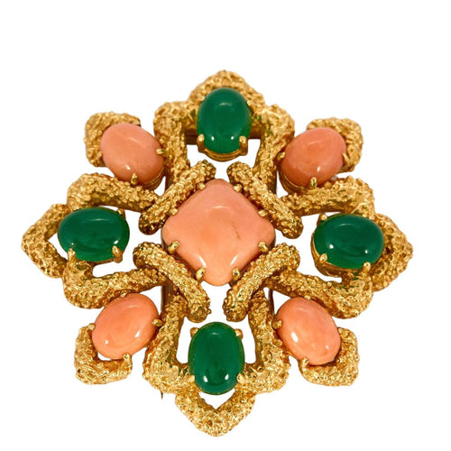 Pendentif VAN CLEEF AND ARPELS - Delphes - Broche pendentif or jaune, corail et chrysoprase 58 Facettes LBV2