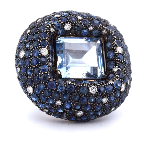 Bague 54 Bague en or blanc avec topaze, saphirs et diamants - Années 1950 58 Facettes