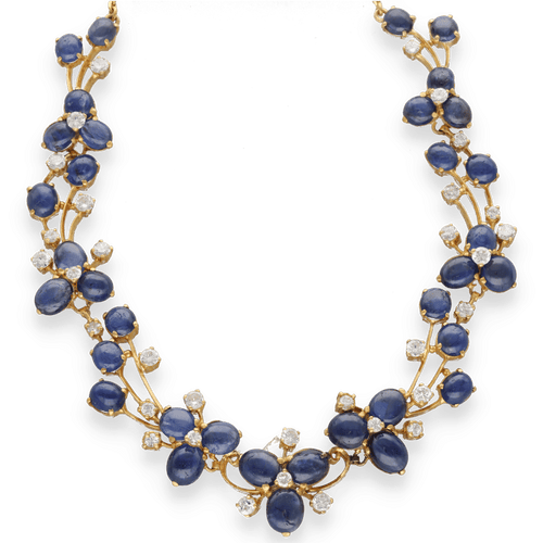 Collier Collier en or jaune 18k serti de saphirs cabochons (10 ct) et diamants (2 ct) – Vers 1980 58 Facettes FB10781