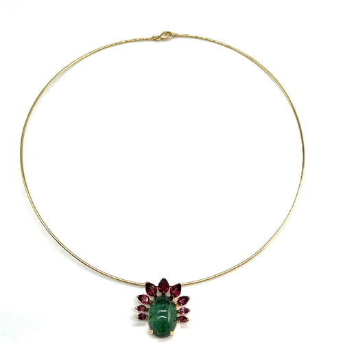 Collier Collier Ras-de-Cou en Or Jaune avec Tourmaline Verte et Grenats Rhodolites 58 Facettes