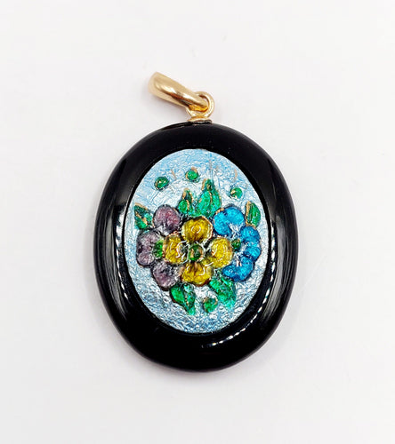 Pendentif Pendentif vintage or rose 18k onyx et plaque émaillée fleurie 58 Facettes A06188