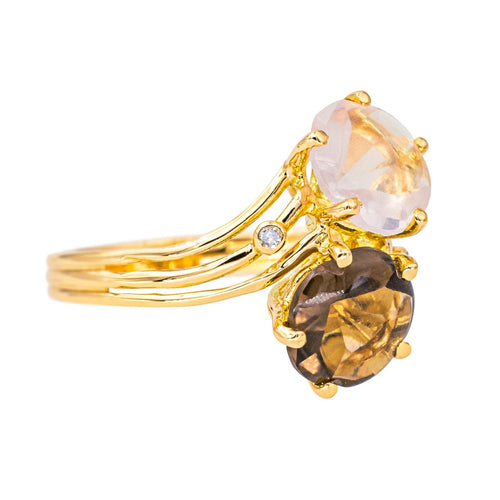 Bague 55 Bague Toi et moi  Or jaune Quartz rose, Quartz fumé, Diamant 58 Facettes 4578560RV