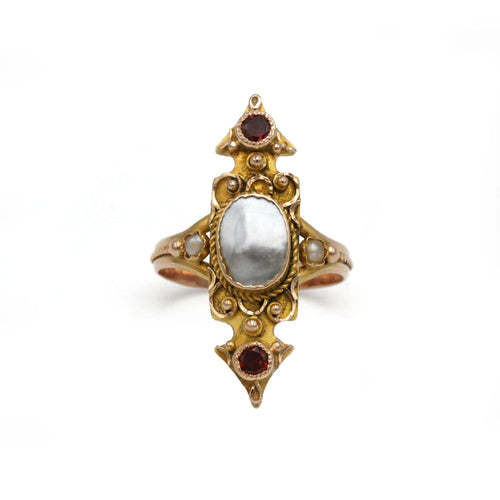Bague 56 Bague Marquise Ancienne - Or, Nacre, Demi-perles & Grenats 58 Facettes 250357R