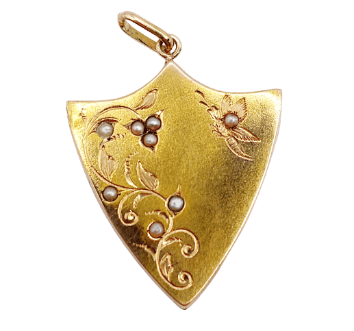 Pendentif Pendentif antique jaune blason, fleurs et papillon orné de perles (circa 1900) 58 Facettes A06306