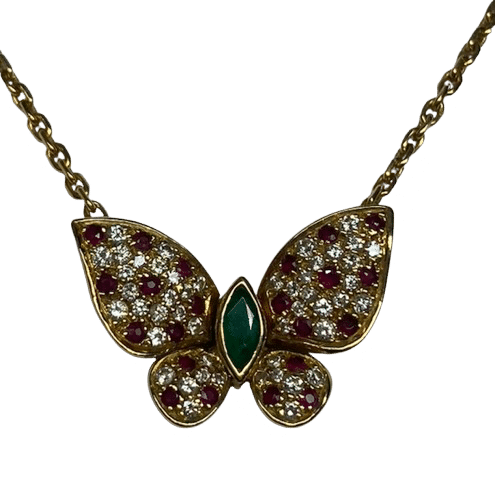 FRED - Vintage butterfly necklace in yellow gold, diamonds, rubies, emeralds