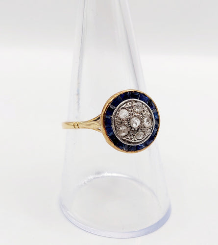 Bague 59 Bague cible Art déco en or 18k, diamants et saphirs synthétiques 58 Facettes A06447