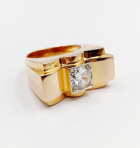 Bague 52 Bague tank XXL art deco or rose 18k diamant taille ancienne 1,25 carats (circa 1950) 58 Facettes A05970