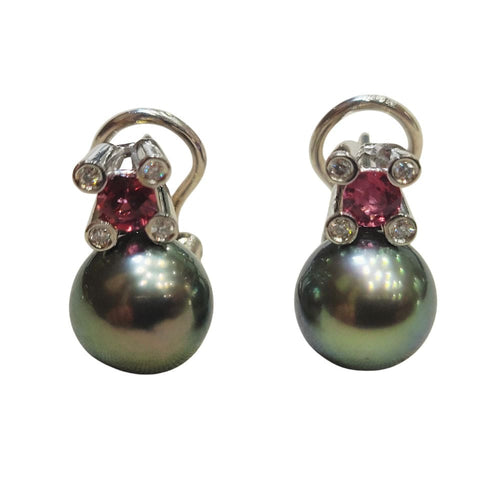Boucles d'oreilles Boucles d'oreilles en or blanc avec perles de Tahiti, rubellite et brillants 58 Facettes TA202