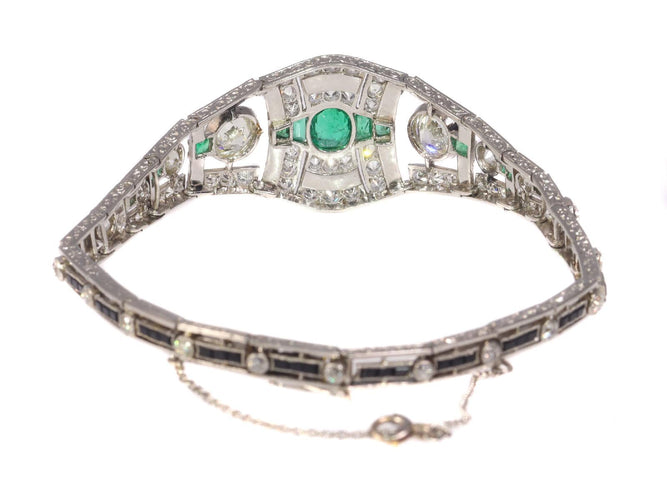 Bracelet Bracelet Art déco sophistiqué en platine : diamants, émeraudes et onyx 58 Facettes 20358-0165