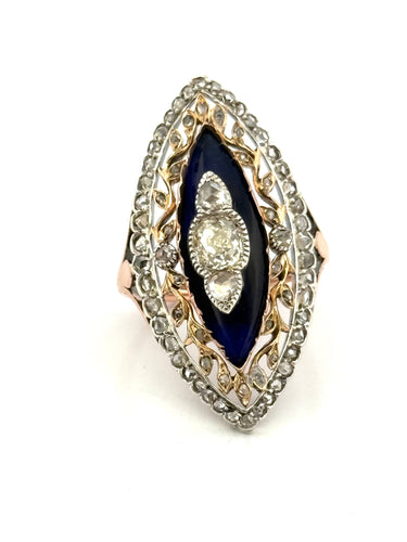 Prsten Belle Époque markýzové zlato a Stříbro, staré diamanty 