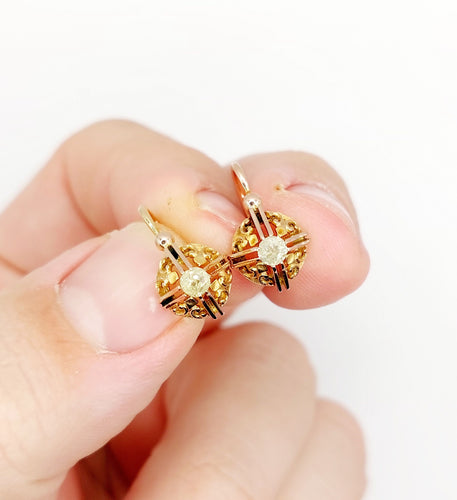 Boucles d'oreilles Dormeuses or rose, diamants jaunes taille ancienne (circa 1900) 58 Facettes A06239