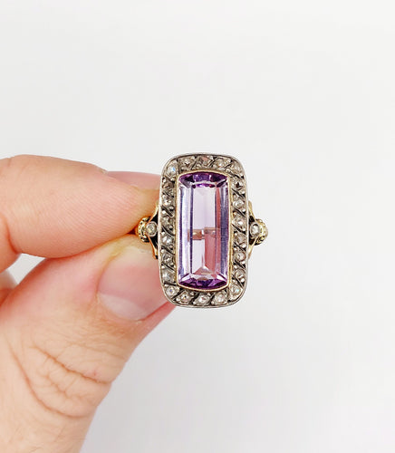 Bague 52.5 Bague marquise victorienne améthyste et diamants taille rose en or 18k et argent 58 Facettes A06427