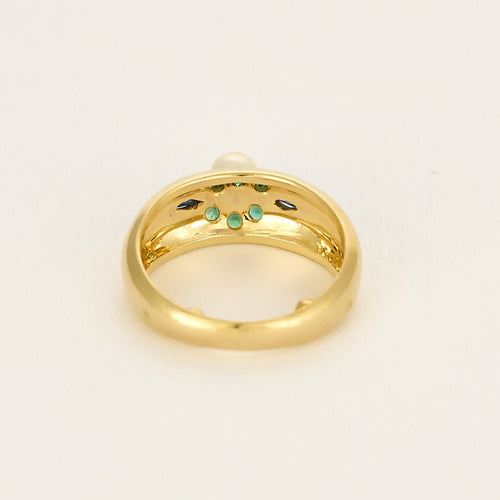 Yellow gold ring, emeralds, sapphire and pearl 