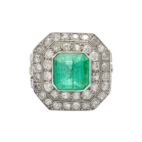 Bague 52 Bague chevalière Art déco avec émeraude 2.00 ct et diamants en or blanc 58 Facettes 11035