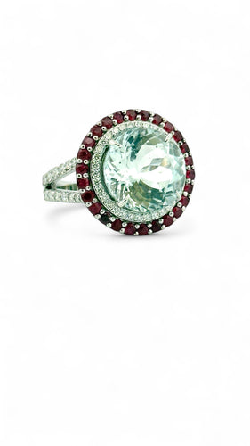 Bague 55 Bague en or blanc 18 carats , aigue-marine , diamants , rubis 58 Facettes