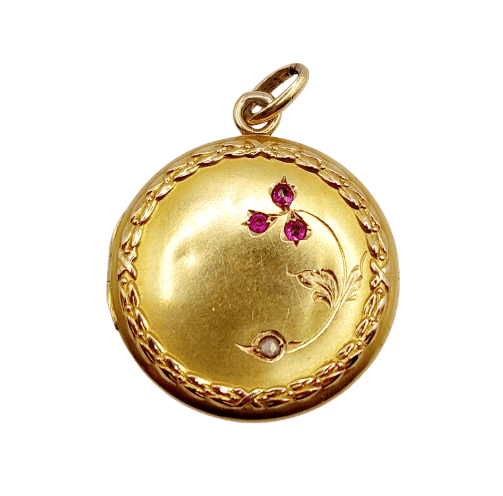 Pendentif Pendentif porte-photo antique fleur en or 18k avec diamant et rubis vers 1910 58 Facettes A06431