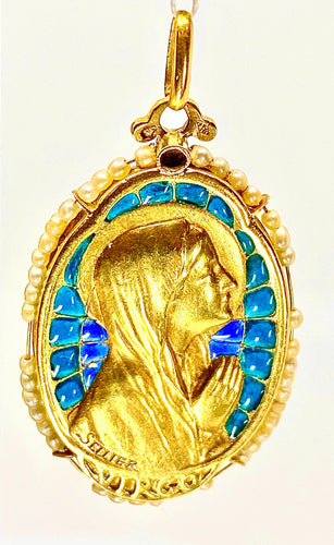 Pendentif Médaille vierge émail perles fines signée SELLIER 58 Facettes AB164
