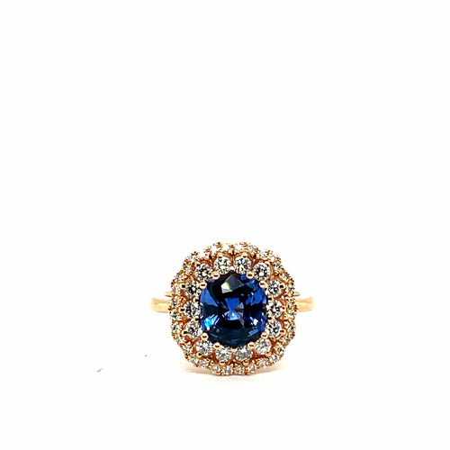Bague 54 Bague en or rose 18 carats avec saphir bleu de Ceylan taille coussin et diamants 58 Facettes
