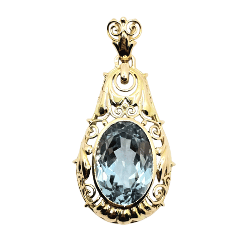 Neo-Victorian style pendant in 14-carat yellow gold and blue spinel 