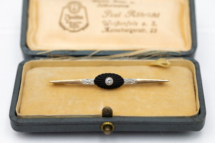 Broche Broche Art Deco oblonga en oro amarillo de 14k, ónix y diamante 58 Facettes 11845