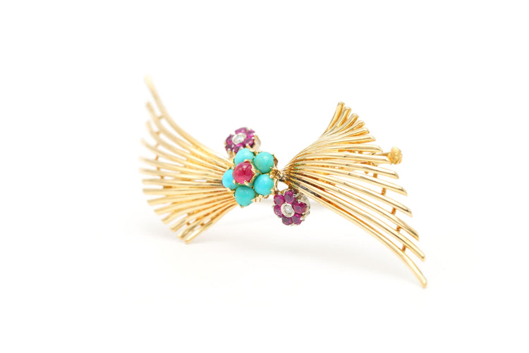Broche années 50 or jaune,  turquoises, de rubis et de diamants (+-0.05ct) 58 Facettes 22640