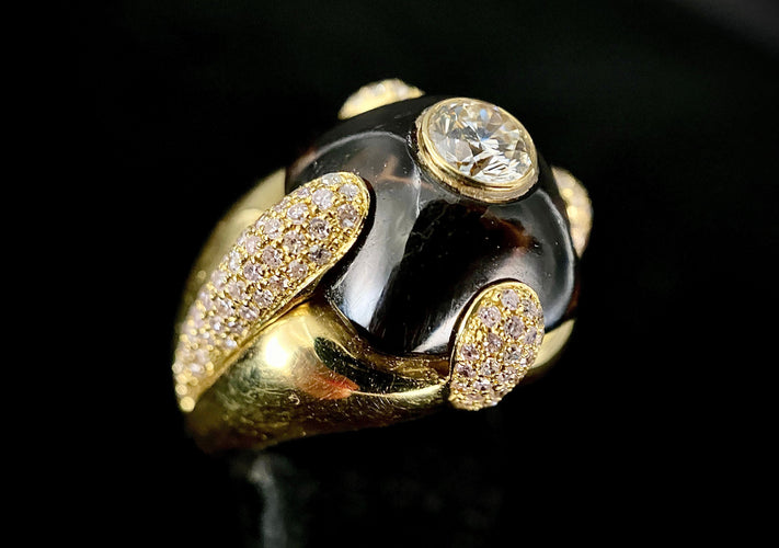 Bague 53.5 Bague or jaune améthyste en cabochon et diamants 58 Facettes