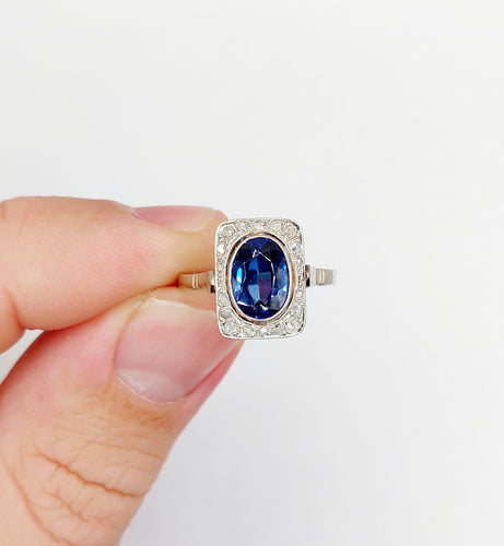 庞帕杜戒指 Art Deco 白金，合成蓝宝石和玫瑰式切割钻石（约1910年） 