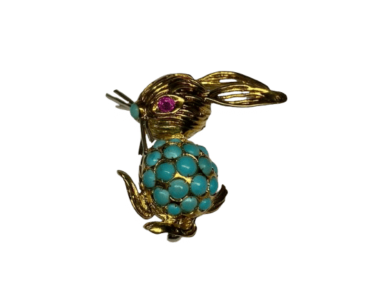 Broche broche lapin or jaune turquoises rubis 58 Facettes