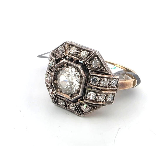 Bague 54 Anello con diamante centrale old mine en or jaune et argent 58 Facettes