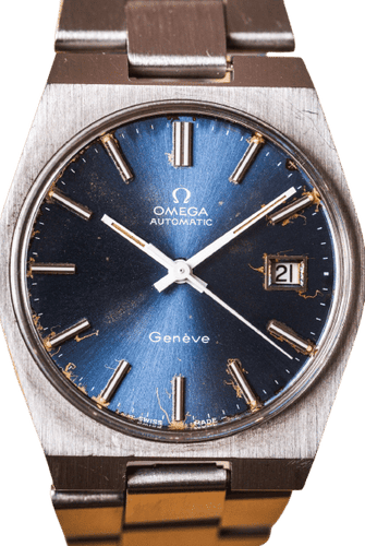 Bracelet Omega Genève, cadran bleu, bracelet en acier, automatique 58 Facettes