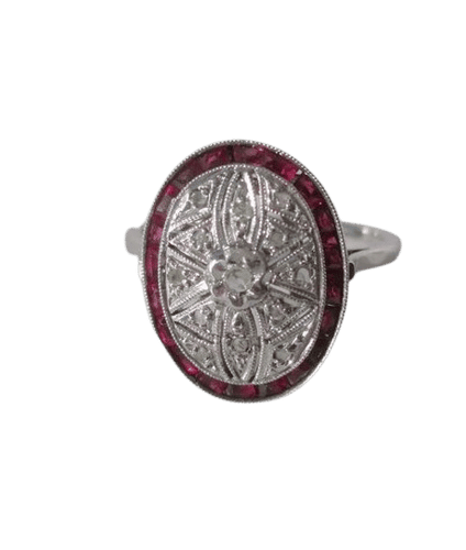 Bague 57 Bague Art Déco Diamants Rubis calibrés Or blanc 58 Facettes
