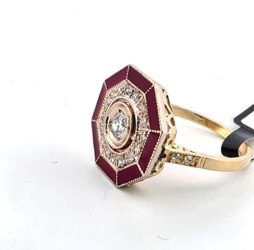 Bague 55 Bague en or jaune 18 carats avec diamant central, diamants d'accompagnement et émail 58 Facettes