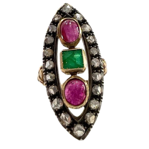 НАВЕТТЕ ПРСТЕН ОД ЖУТОГ ЗЛАТА СА РУБИНОМ И СМАРАДОМ