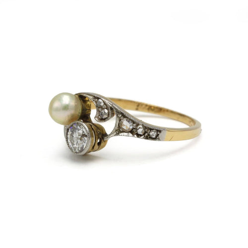 Bague 53 Bague art nouveau, Toi et moi, or 750, diamants et perle 58 Facettes 1292
