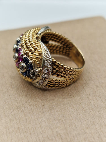 Bague 49.5 Bague vintage torche avec saphirs, rubis et diamants en or blanc et jaune 18 kt 58 Facettes