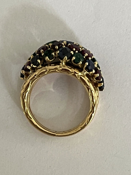 Yellow gold ruby sapphire emerald ball ring