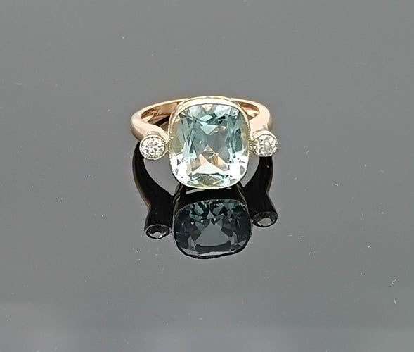 Bague 54 Bague vintage aigue-marine coussin et diamants en or rose 18k 58 Facettes