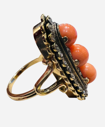 金戒指、珊瑚珍珠、老式切割钻石、黑色珐琅