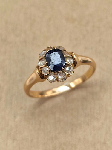 Bague Bague cluster ancienne en or jaune 18k avec saphir et diamants 58 Facettes