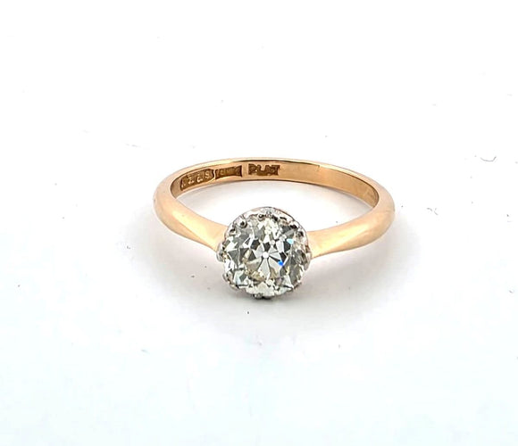 Bague 56 Solitaire en platine et or jaune 18 carats serti d'un diamant ancien de 1,50 carat 58 Facettes