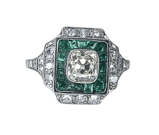 Art Deco cushion ring in platinum and diamonds, emeralds 