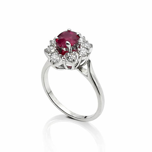 Bague 50 Bague marguerite en or blanc 18 carats, rubis et diamants 58 Facettes