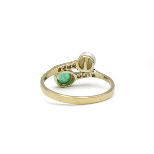 Bague 51 Bague ancienne, Toi et moi, or jaune 750, diamants tailles ancienne, émeraude et perle 58 Facettes 1294