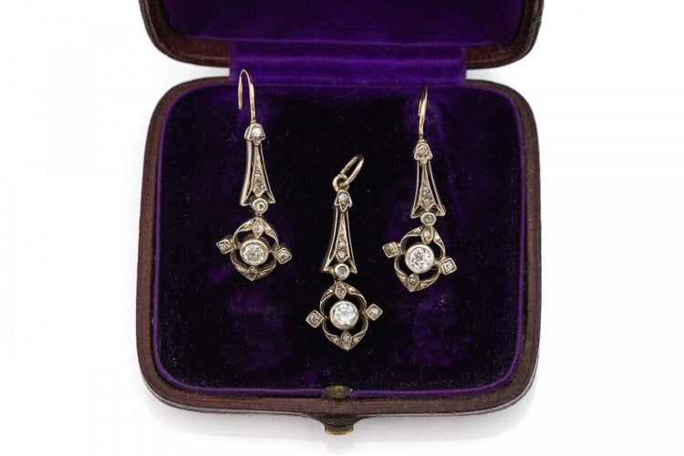 Комплект бижута стара обеци и висулка с диаманти, Австрия, около 1900 г. 